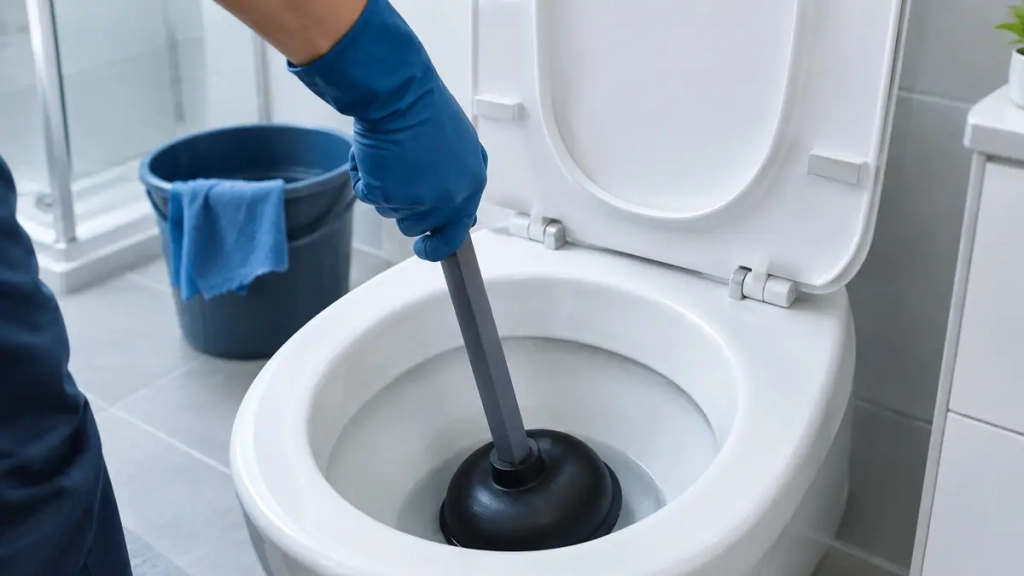 Ventouse posée sur une cuvette pour déboucher un WC bouché à Chambéry