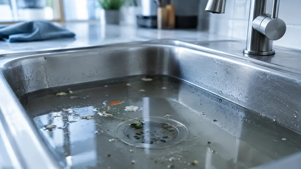 Eau stagnante dans un évier signalant une canalisation bouchée à Chambéry