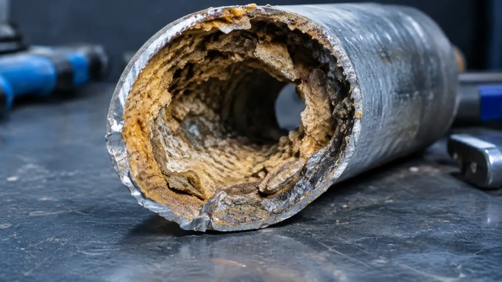 Dépôt de tartre et de graisses dans un tuyau avant débouchage de canalisation